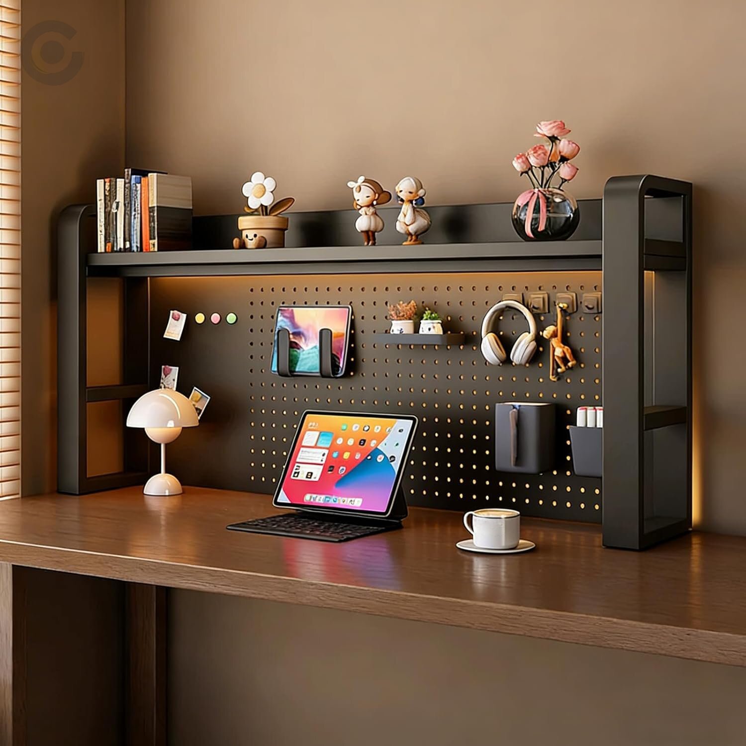 2-Tier Desk Shelf Hutch with Pegboard & LED Lighting — Adjustable Desktop Organizer with 31-Piece Storage Set